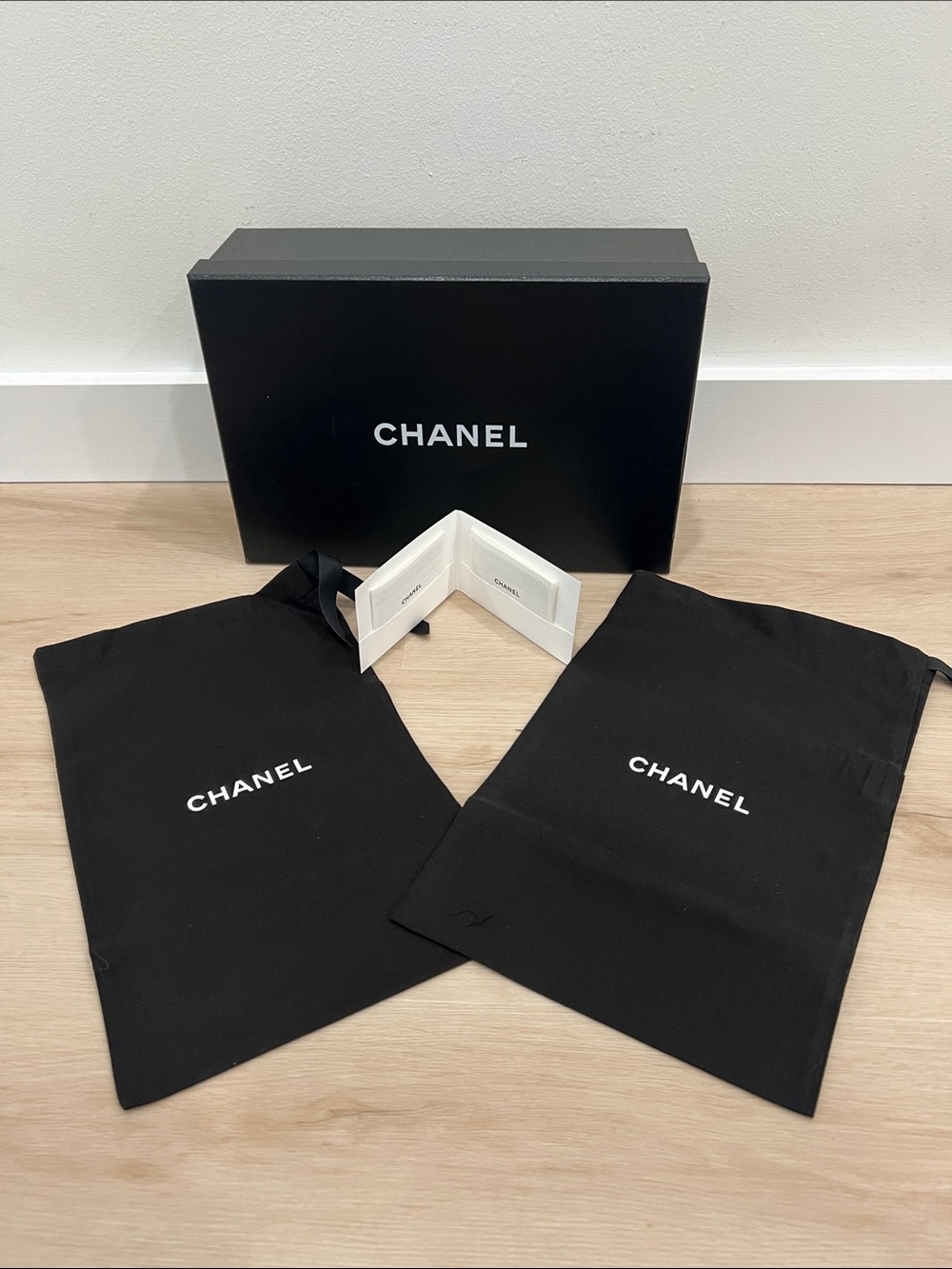 CHANEL Shoe Box, 2 Dust Bags, Tissue & Shoe Care Guide 12”x8 1/4”x4”